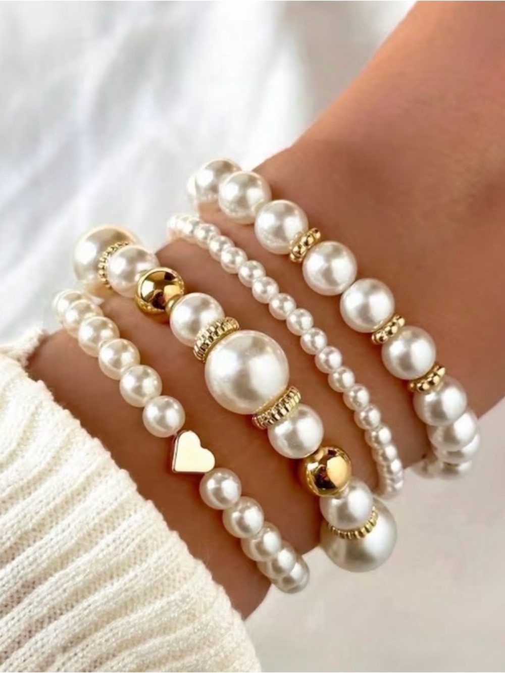 Elegant Pearl and Gold Bead Bracelet Set - White Pearls